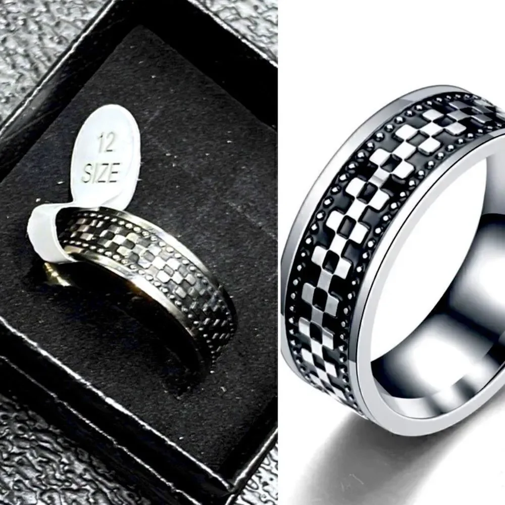 Titanium Steel Band l Checkered Design Men’s Ring  w/Box l Sizes 11 12 13 l New